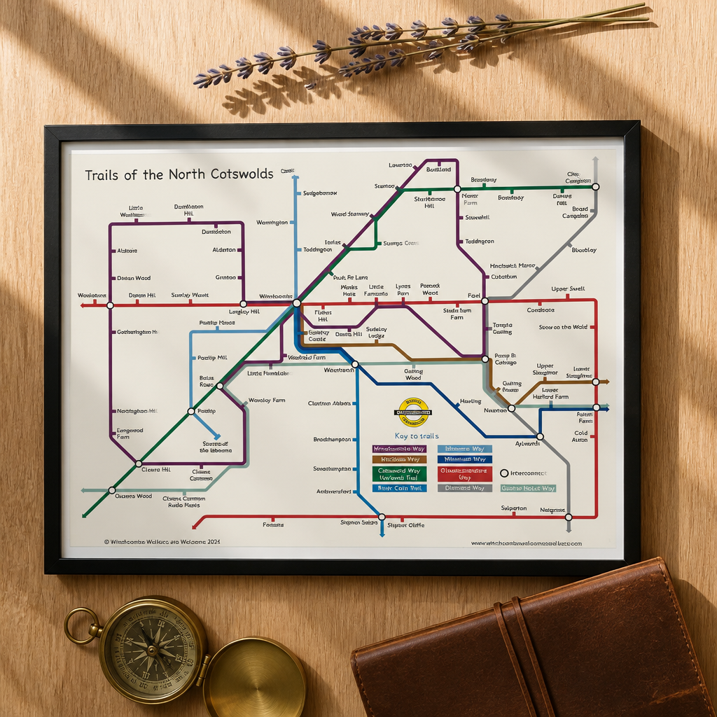 A transit map print titled 'Trails of the North Cotswolds displayed on a wooden tabletop with a vintage brass compass, a brown leather notebook, and dried lavender sprigs.